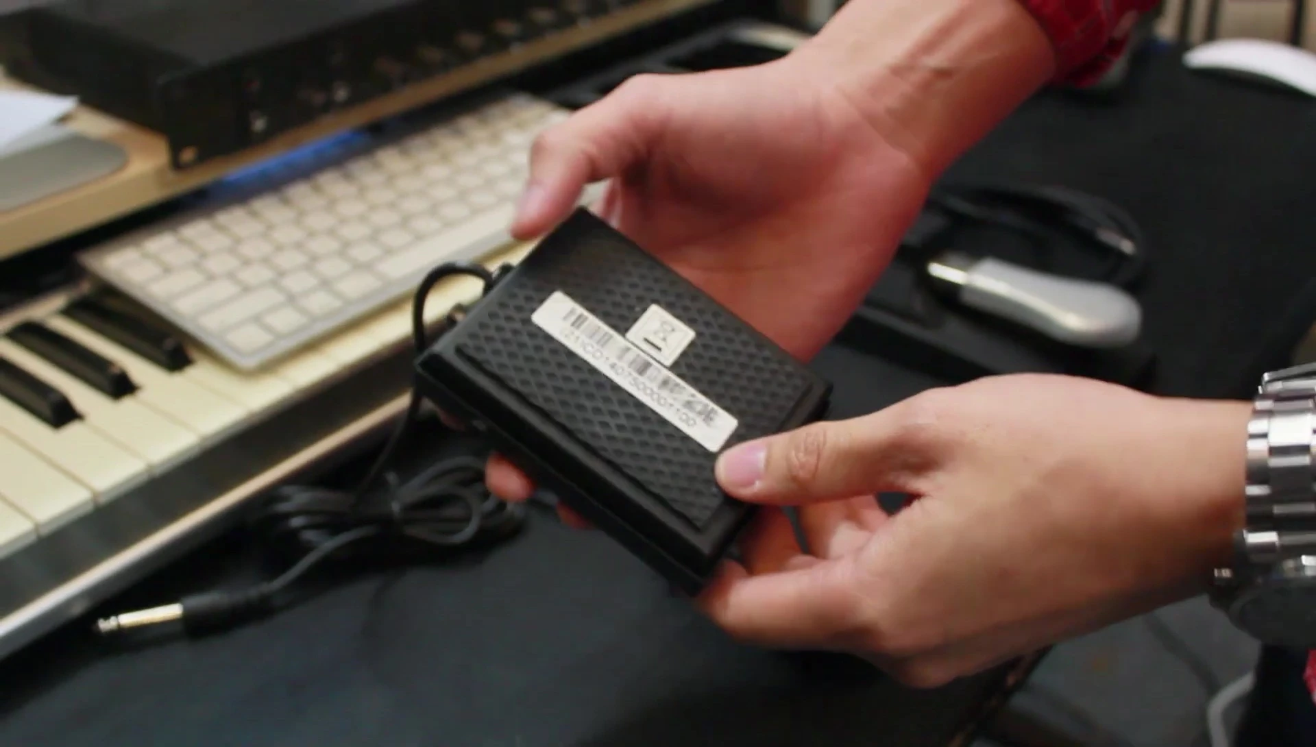 Close-up of a sustain pedal with a polarity switch