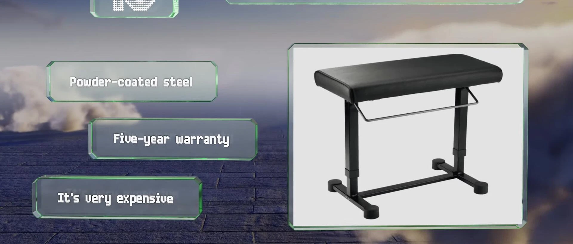 A view showing the Yahi Tech keyboard bench's length and water-resistant surface.