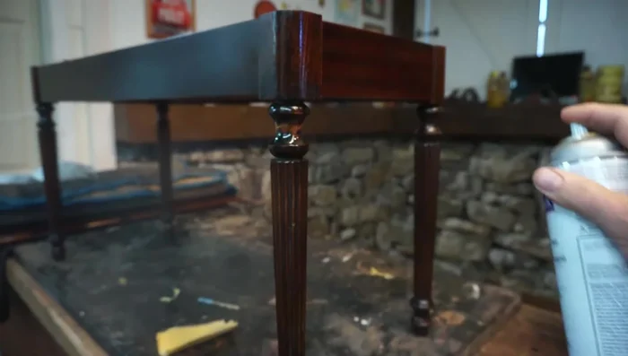 Apply three to four coats of aerosol lacquer to build a base coat. Let it dry before applying gel stain.