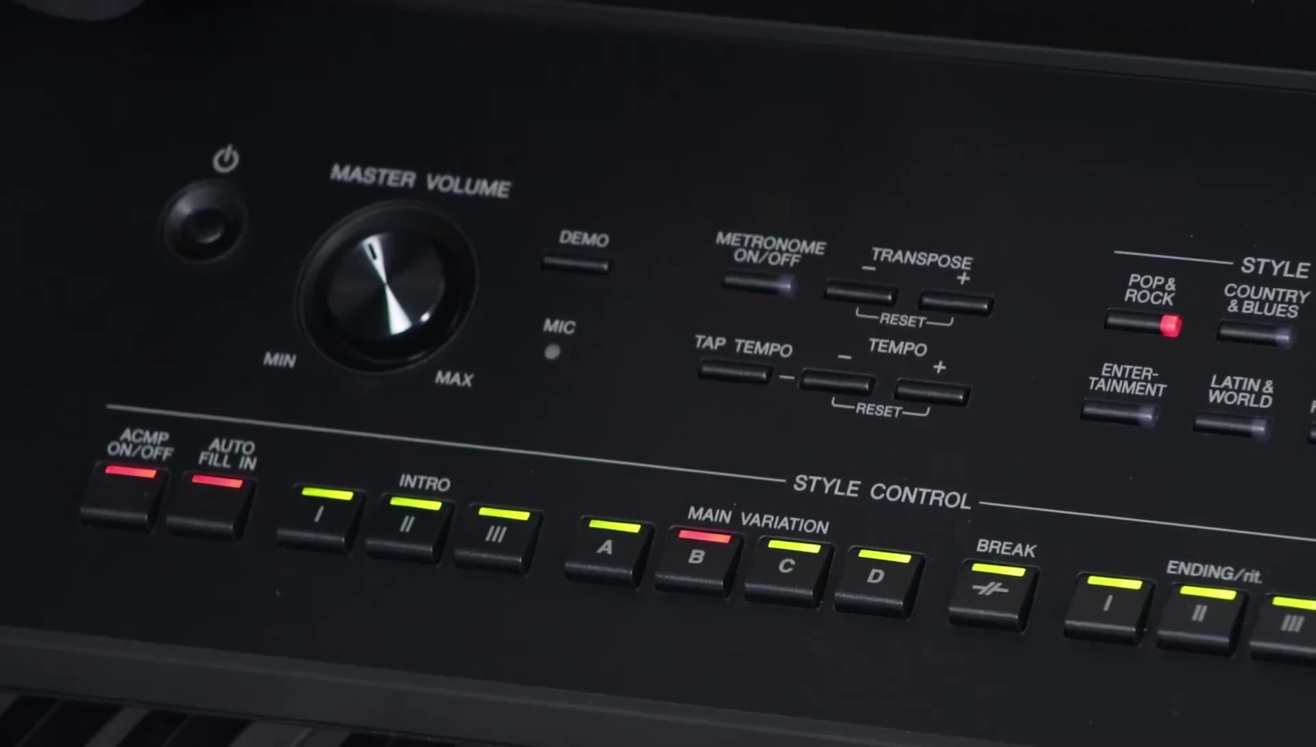 Close-up of the CVP-805 control panel, highlighting the metronome button.