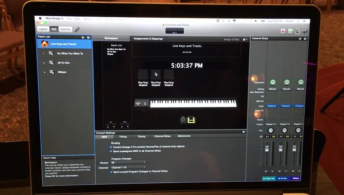 Create three separate Playback instances in MainStage. Each instance will contain a loop and/or backing track for a specific song. Ensure each song's tempo information is accurately set within MainStage.