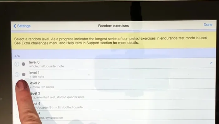 Select Difficulty Level: Start with level zero (whole, half, and quarter notes) and progress to higher levels as you improve.