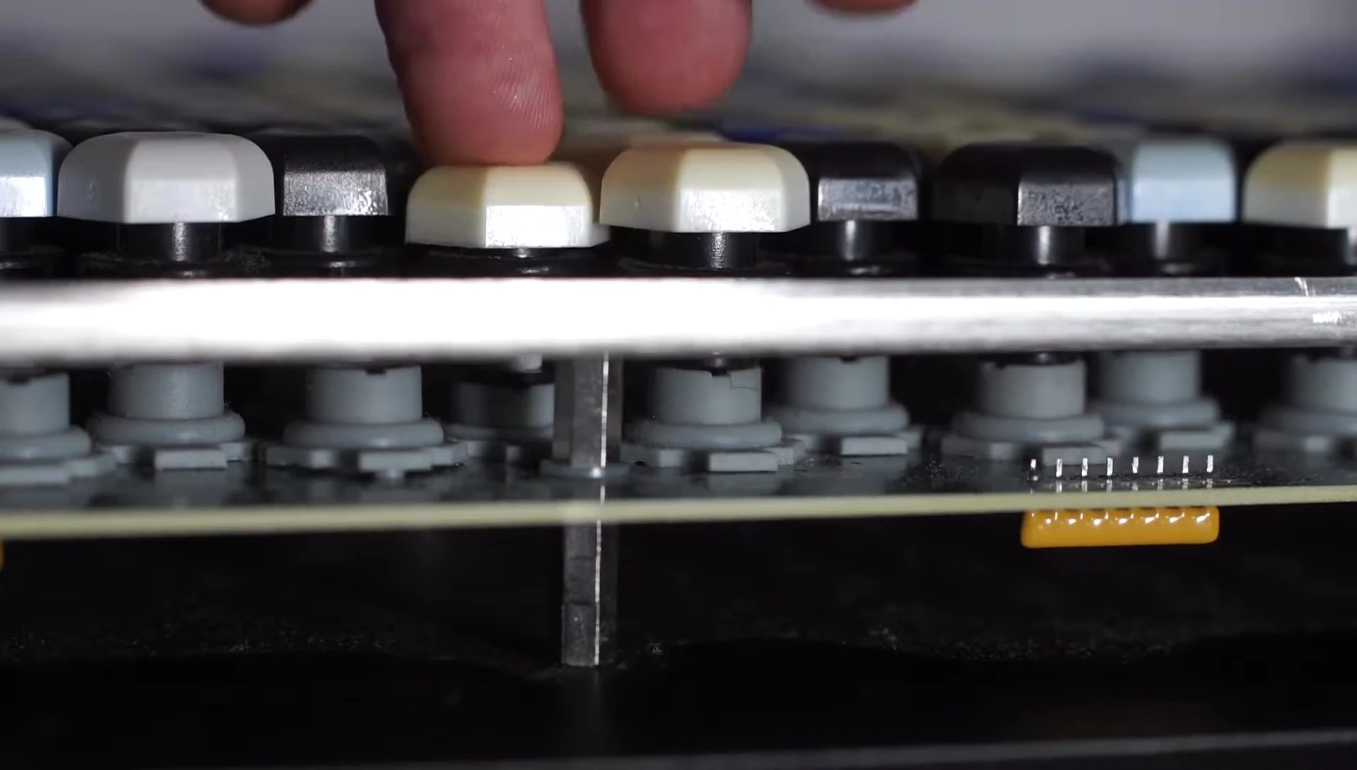 Detailed shot of the keyboard's internal mechanics.
