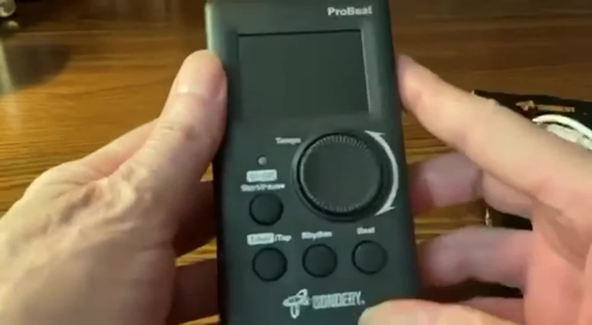 Close-up of the metronome showing the kickstand