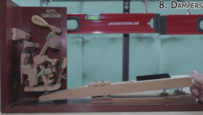 Dampers: Adjust damper lift using the damper spoon adjustment tool so that dampers start lifting approximately one-third to one-half of the way through the hammer's striking distance.