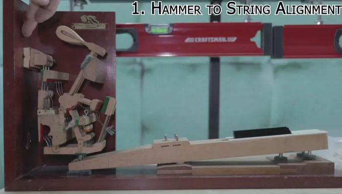 Hammer to String Alignment: Ensure each hammer strikes the strings evenly, adjusting with a flange screwdriver if necessary. Use a heat gun to adjust hammer shank orientation if needed.