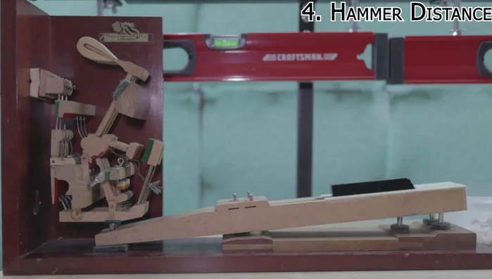 Hammer Distance: Adjust the distance between the hammer and strings to 42-46mm using felt shims under the hammer rail. Take up any lost motion (less than 1mm) using the capstan adjustment tool.