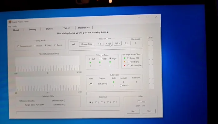 Tune the bass section (below A3). Switch to 'Bass' mode, and utilize the harmonics tab to adjust the ratios if necessary. Use the already tuned temperament octave strings as reference.