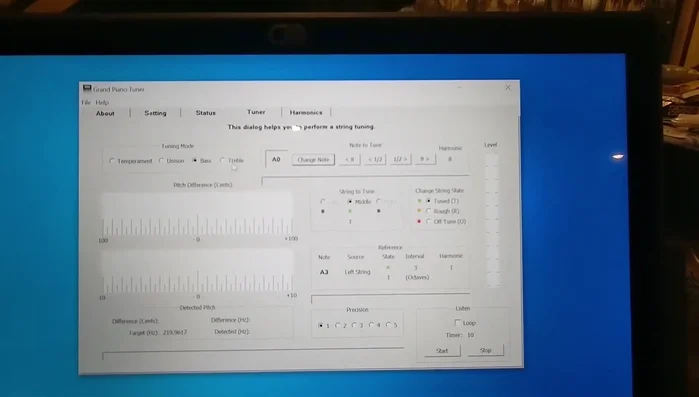 Tune the treble section (above A4). Switch to 'Treble' mode. Use the already tuned temperament octave and bass strings as reference.