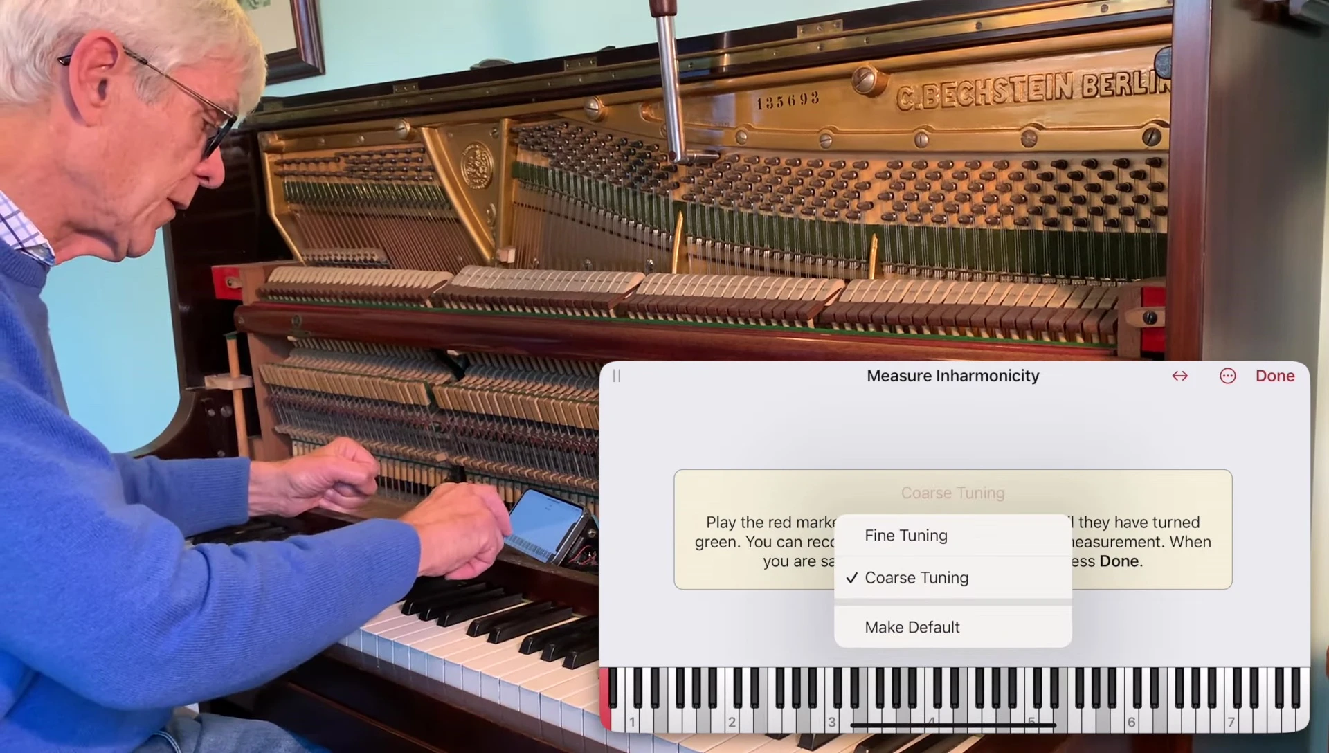 Pianoscope screen showing fine tuning selection