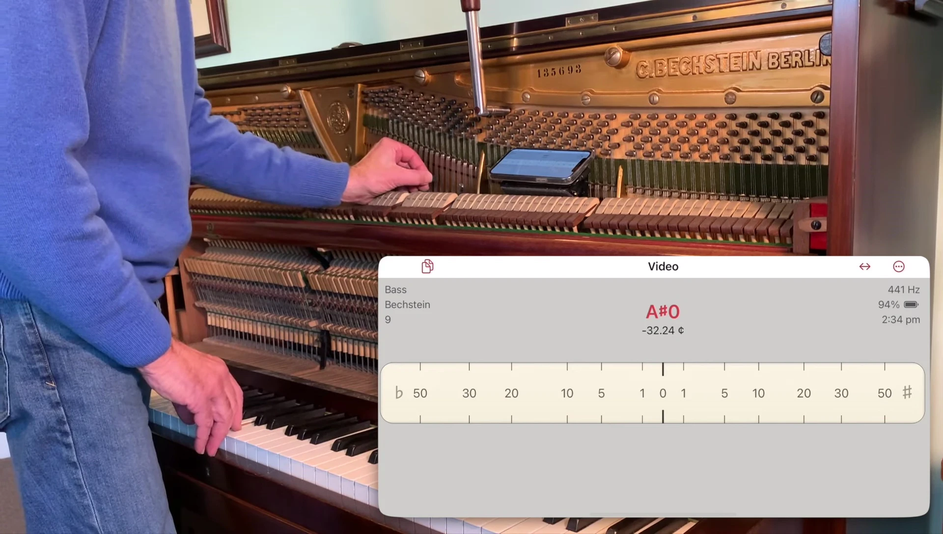 Pianoscope screen showing the pitch adjustments in the lower register