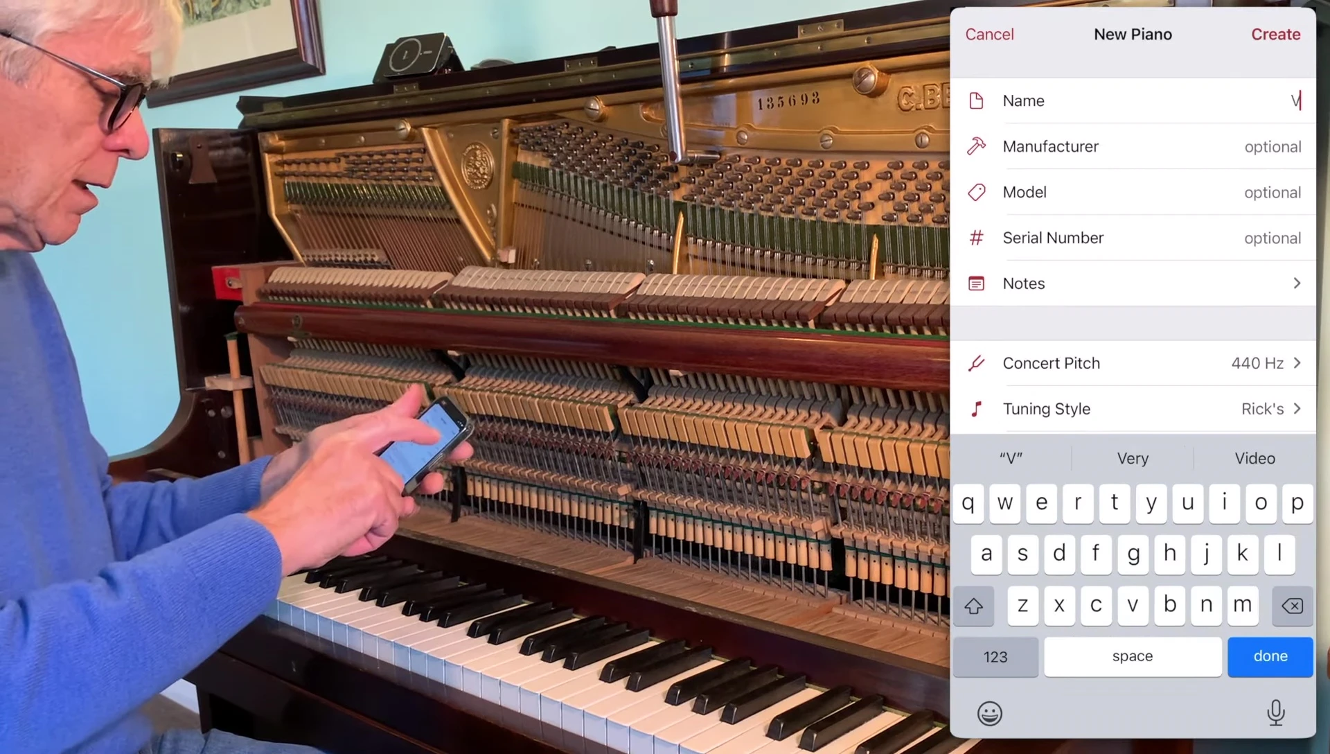 Pianoscope screen showing the new profile creation