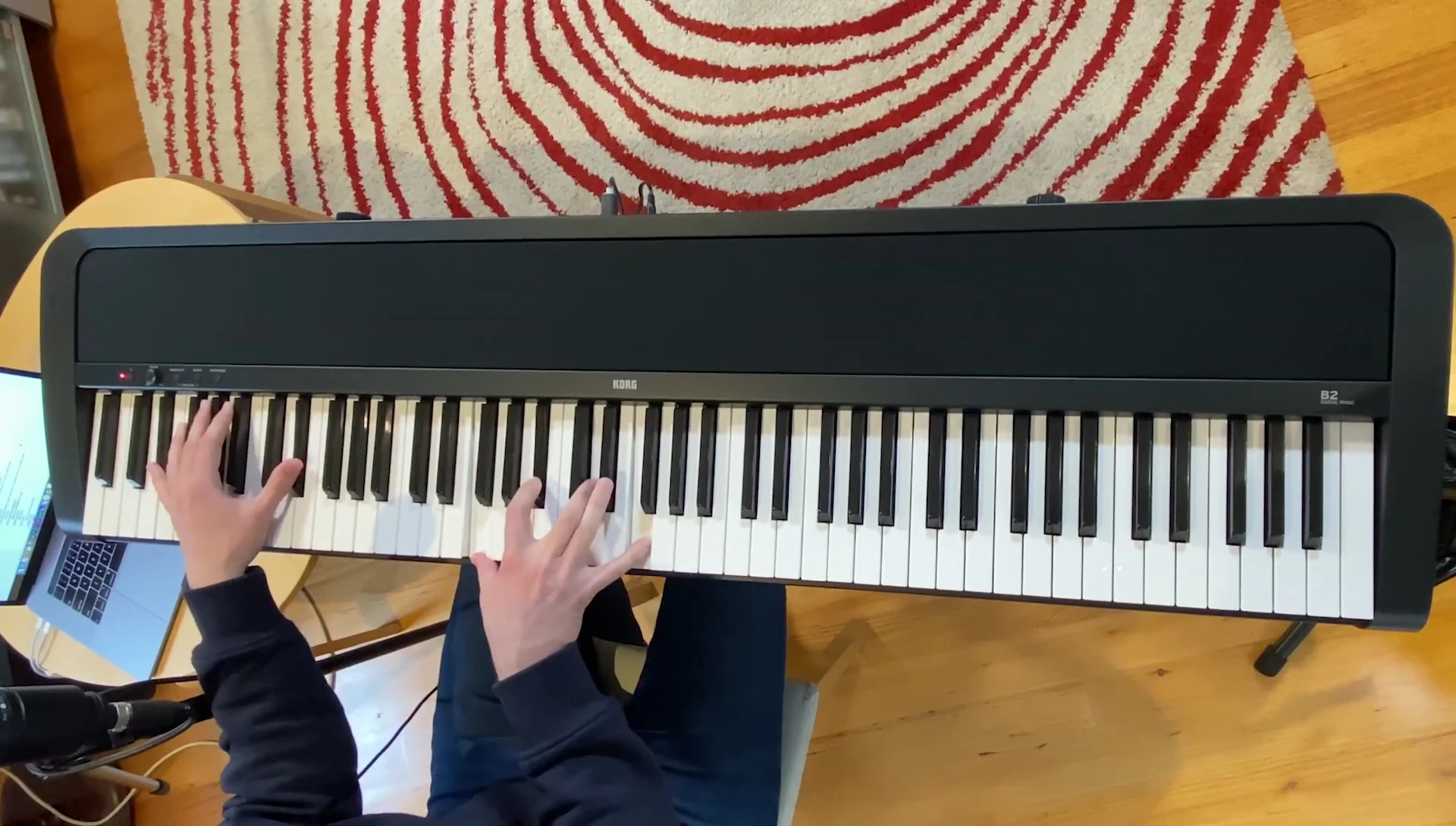 The reviewer demonstrating the string sounds of the Korg B2.