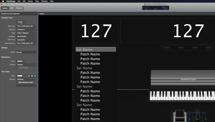 In Edit mode, highlight the sustain pedal, go to 'Send to All', then select your keyboard destination. Scroll down to control number 64 (Sustain).