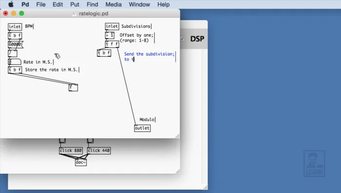 Combine Rate and Subdivisions: Bang the stored float (milliseconds) into the division object along with the offset subdivisions. The output of the division is the rate in milliseconds for the metronome.