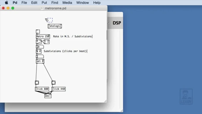 Connect 'rate logic' abstraction: In the main patch, create 'rate logic' abstraction, connect BPM and subdivisions send objects to its inlets, and connect its outlets to the metronome and modulo objects.