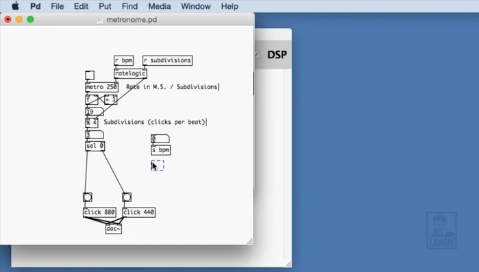 Create UI elements in the main patch: Use number atoms and a send object for BPM, an h radio for subdivisions with a send object, and a toggle for on/off control (sent to a send object).