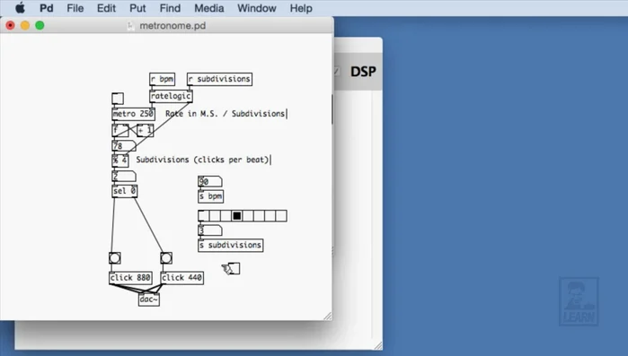 Implement Metronome On/Off and Reset: Receive the on/off message, send it to a trigger object. Use a select 0 to reset the counter by sending 0 to the float object's rightmost inlet when the metronome is turned on.