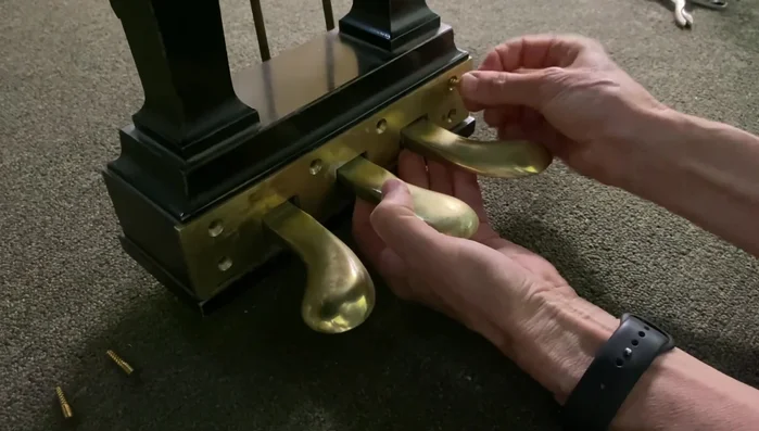 Reassemble in reverse order: insert the pedal plate, ensuring the screws are aligned (backwards first, then forward).