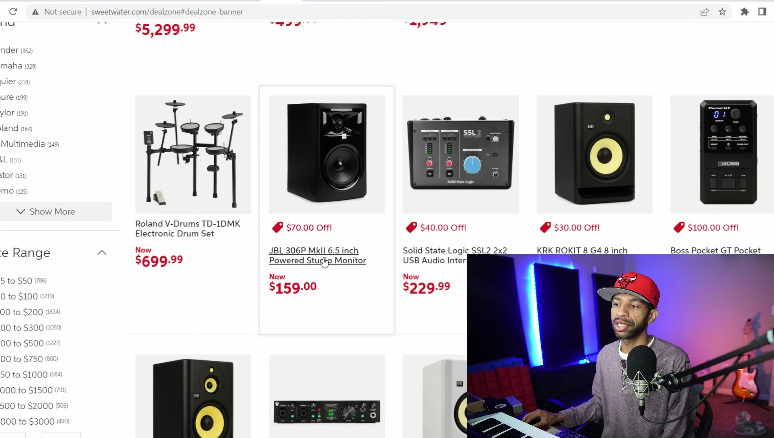 Screenshot highlighting the sale on JBL 306 monitors.