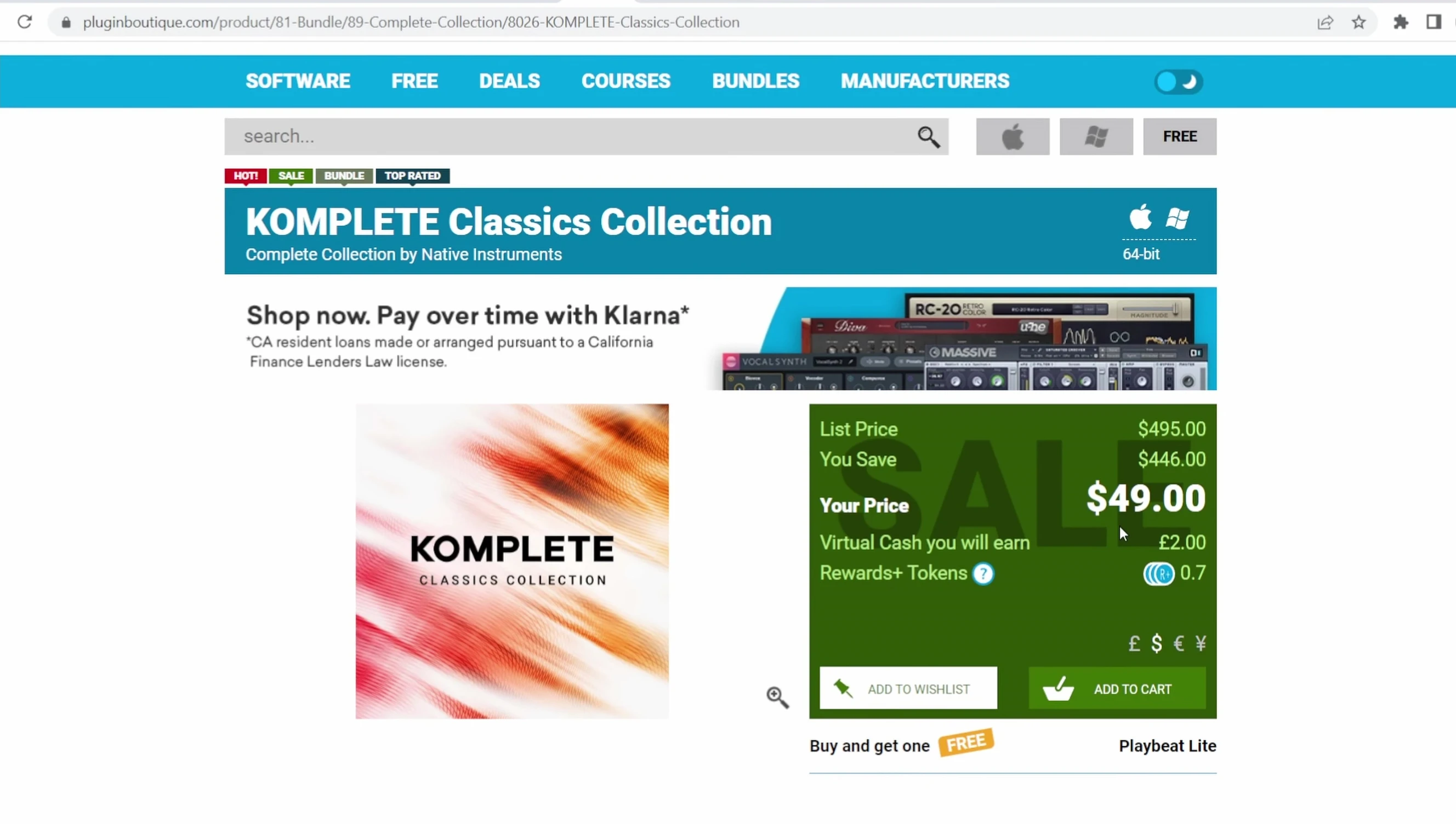 Screenshot showing the Native Instruments Complete Classics Collection price.