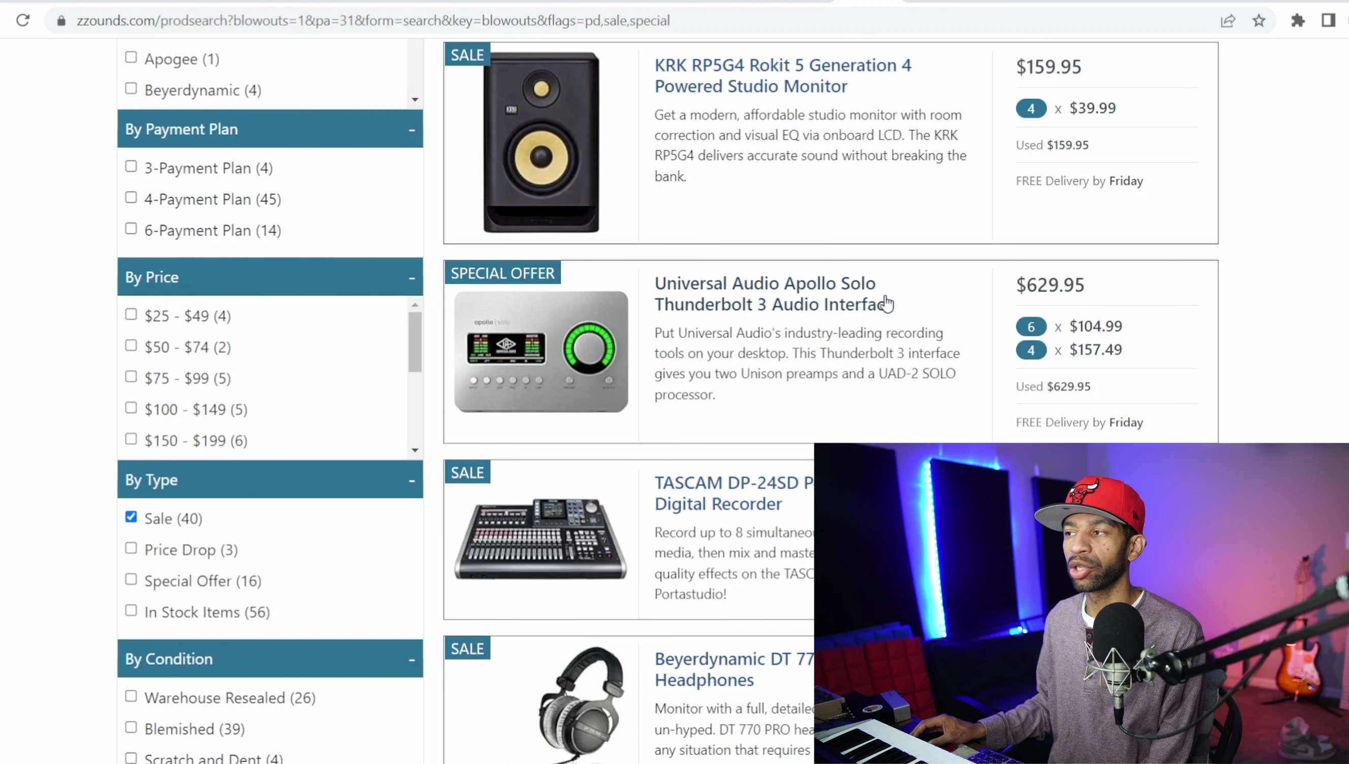 Screenshot of Zounds sale featuring Universal Audio Apollo Solo interface.