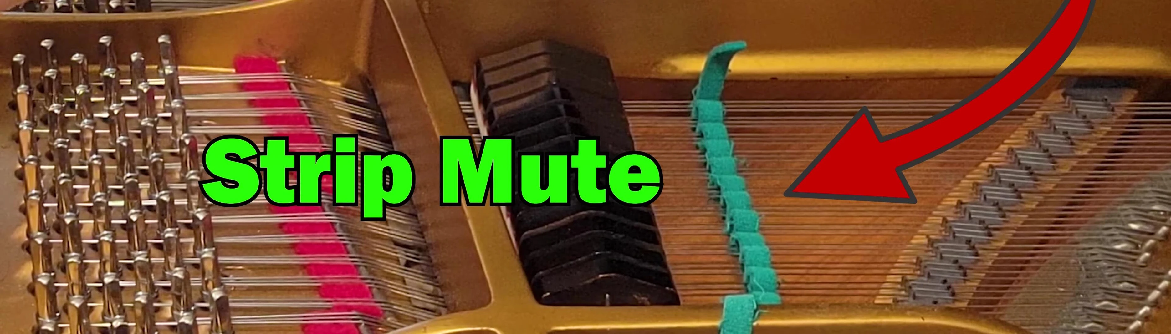 Close-up of strip mutes being inserted between piano strings