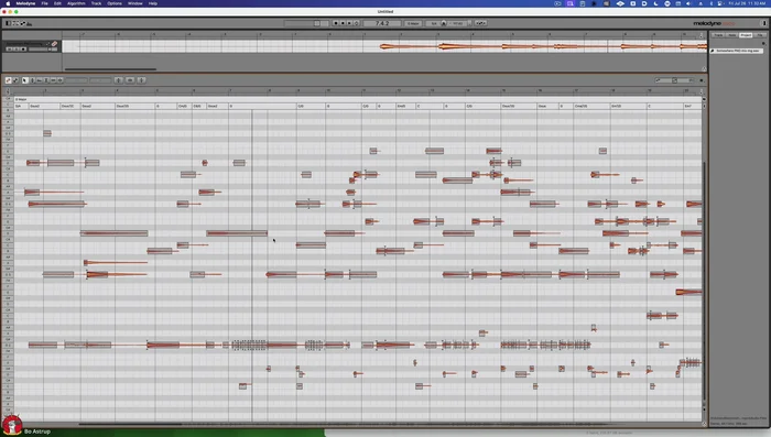 Select and delete the identified spill and pedal noise regions in the Melodine spectrogram. Be cautious not to accidentally delete actual notes; visually inspect each section before deleting.