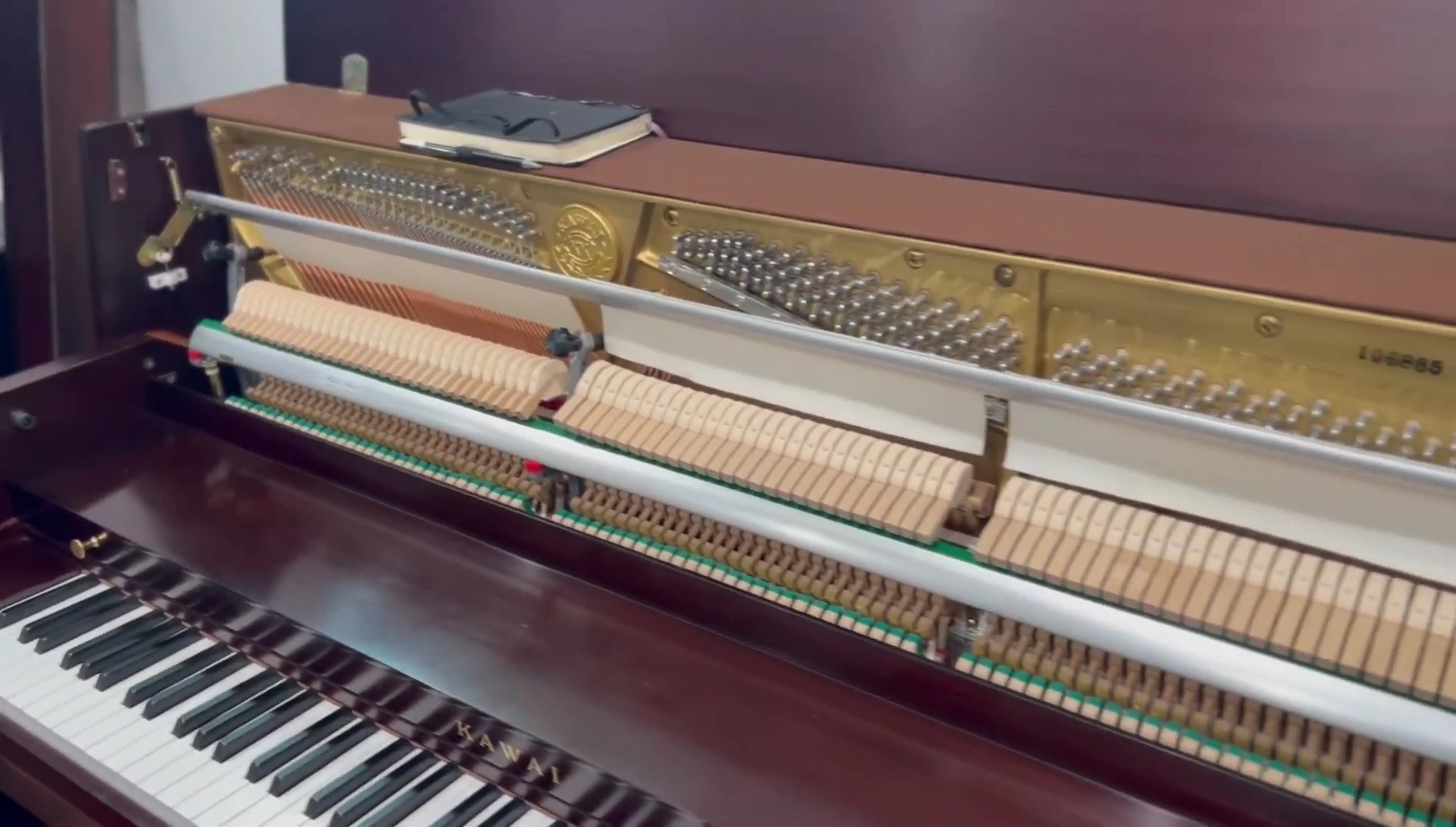 Close-up showing the condition of the piano hammers.