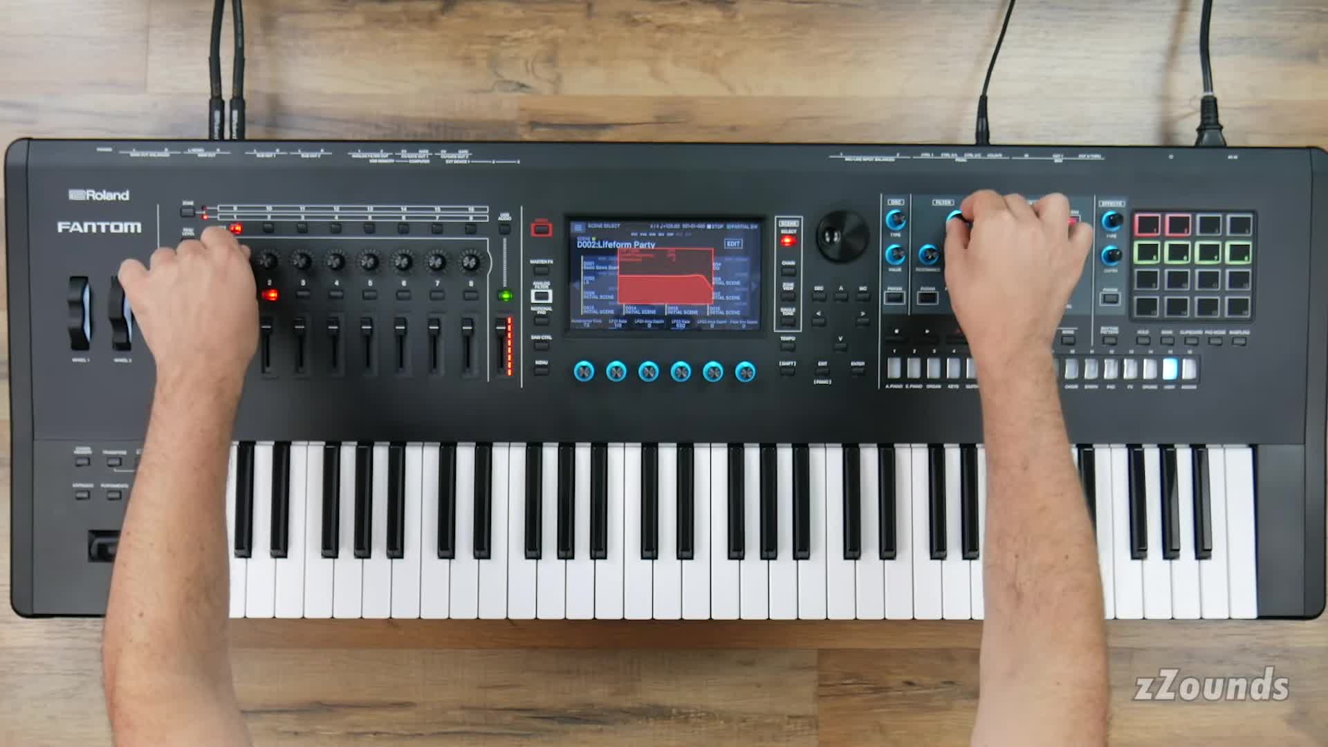 Close-up shot of the Roland Fantom's keyboard and screen, highlighting its user interface.