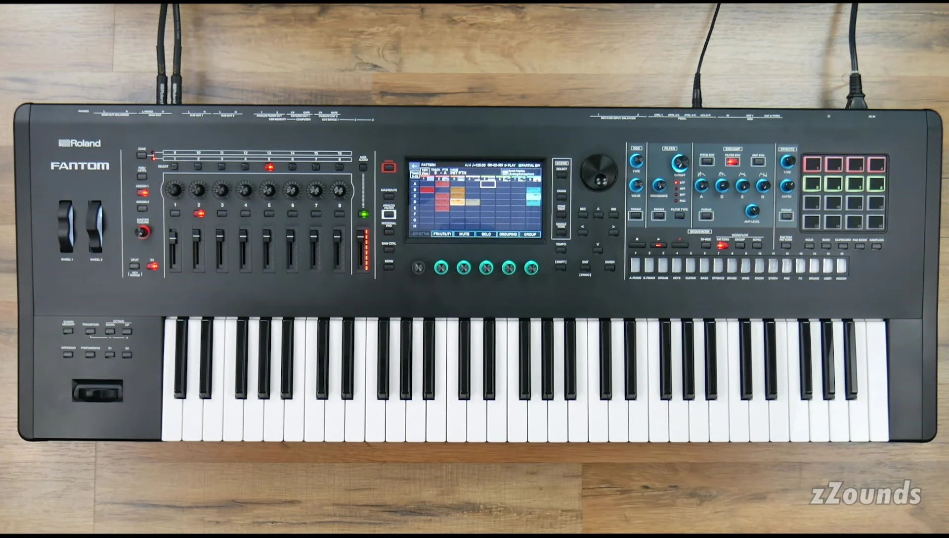 Screen showcasing the step sequencer interface on the Roland Fantom.