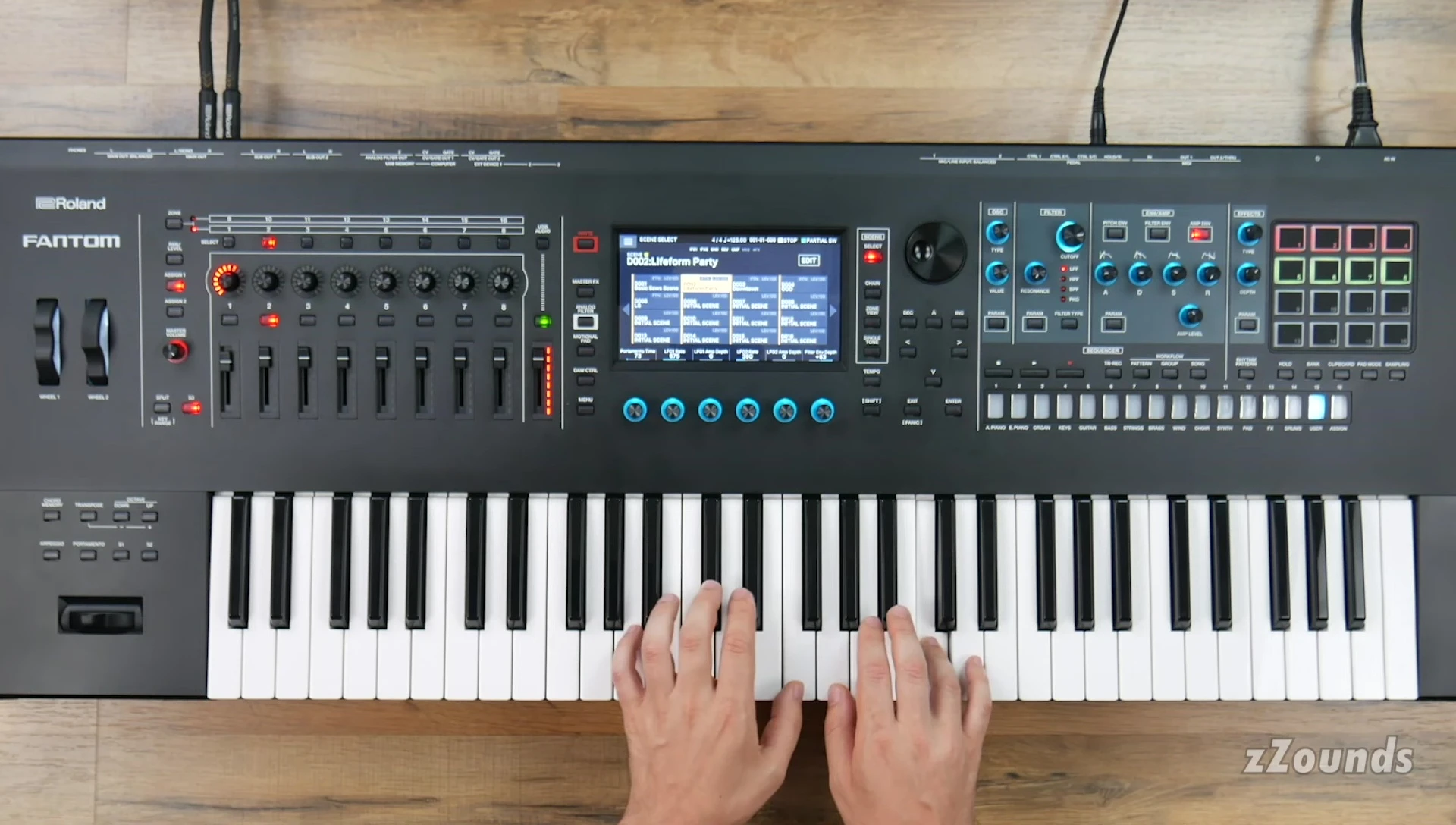 A shot showcasing the Fantom's screen displaying sound design parameters.