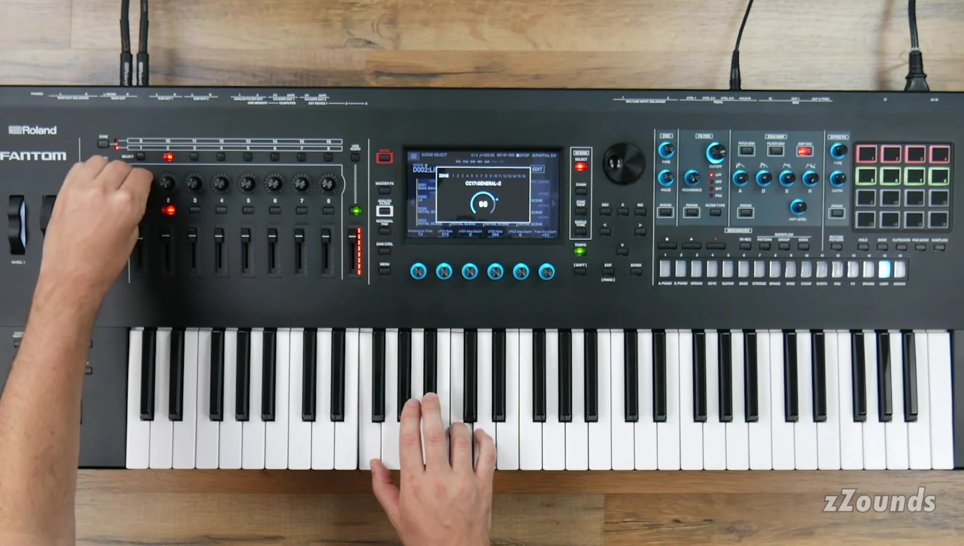 A shot focusing on the back panel of the Roland Fantom, highlighting its diverse I/O ports.