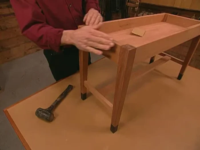 Glue up bench base: Glue and clamp the bench base together in two stages (ends first, then the center).
