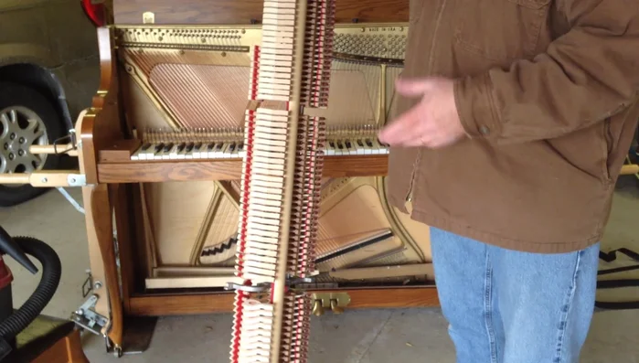 Clean the action: Use a compressor blower (~90 PSI) to blow out dust and debris from the action mechanism. Avoid getting too close to prevent damage.