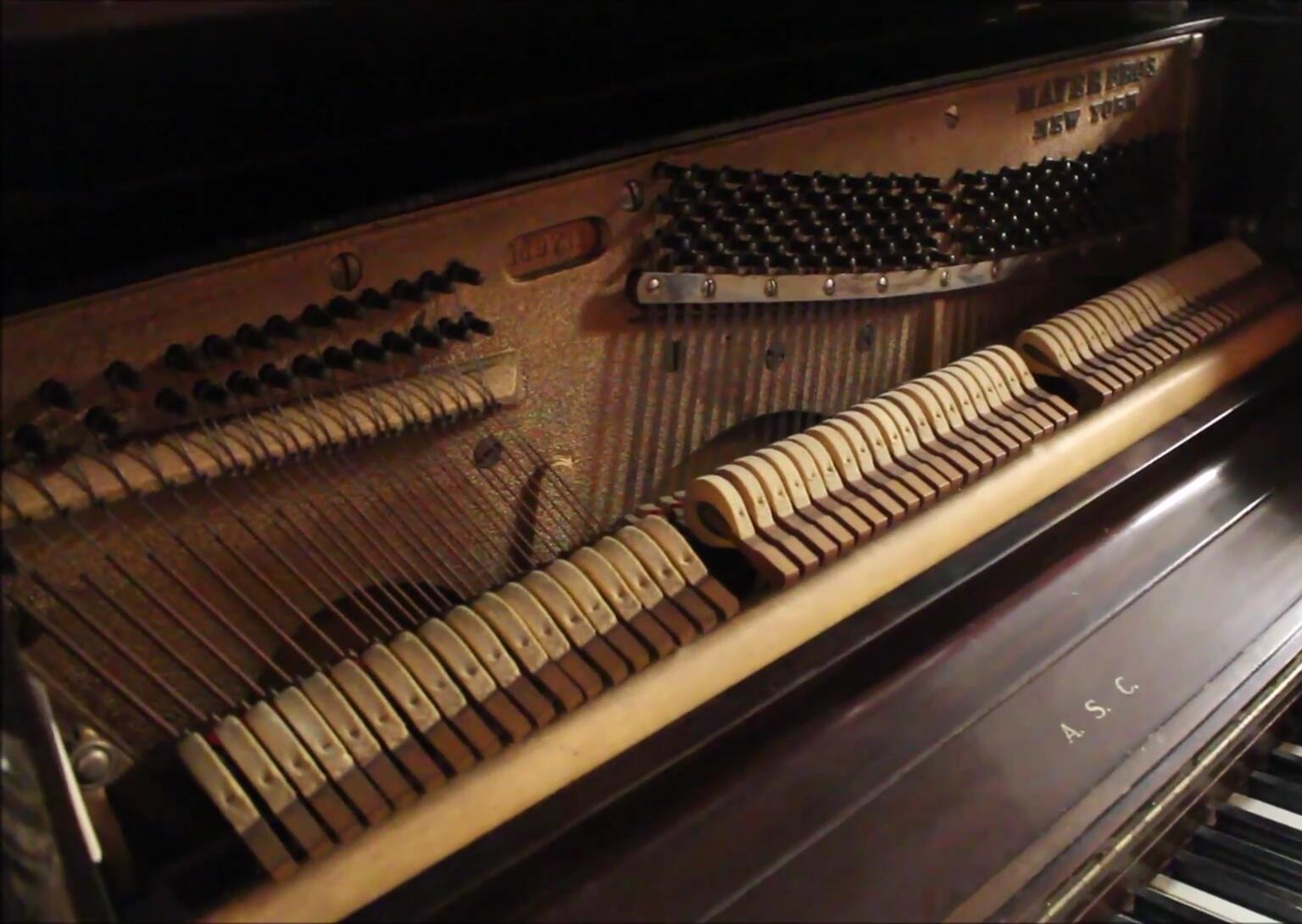 Internal shot of the piano, showcasing the strings, hammers, and dampers.