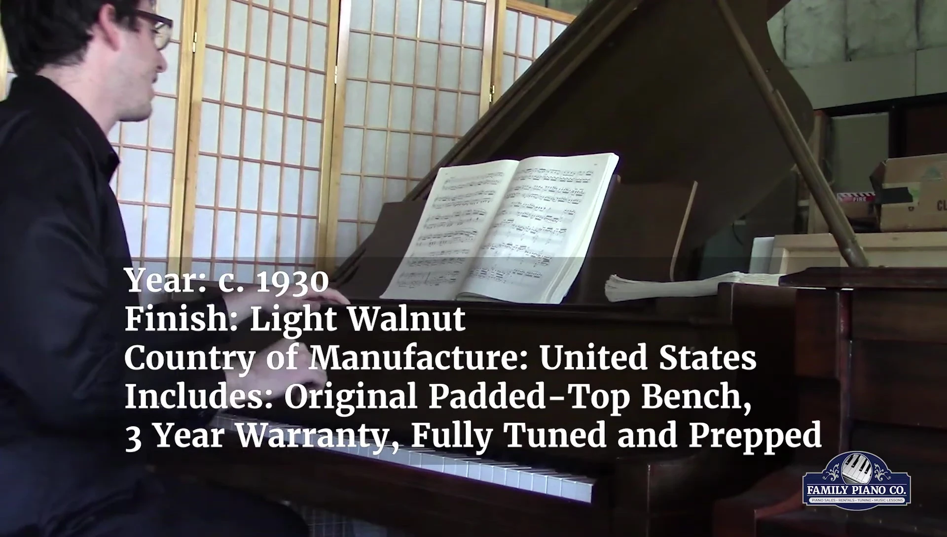 Overall view of the piano highlighting its size and design.