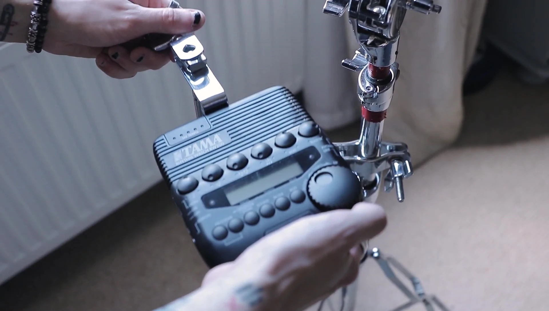 The reviewer's setup showing the mounted Tama Rhythm Watch RW200